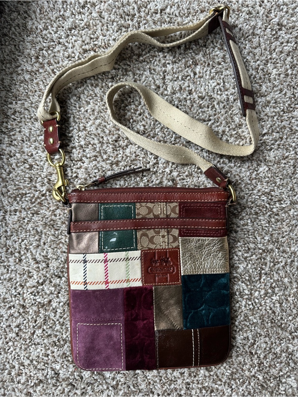 Coach Patchwork Crossbody Bag in Burgundy, Teal, Brown and Cream